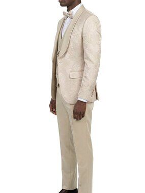 Tan Jacquard Wide Shawl Lapel 3 Piece Skinny Fit Fashion Men's Suit